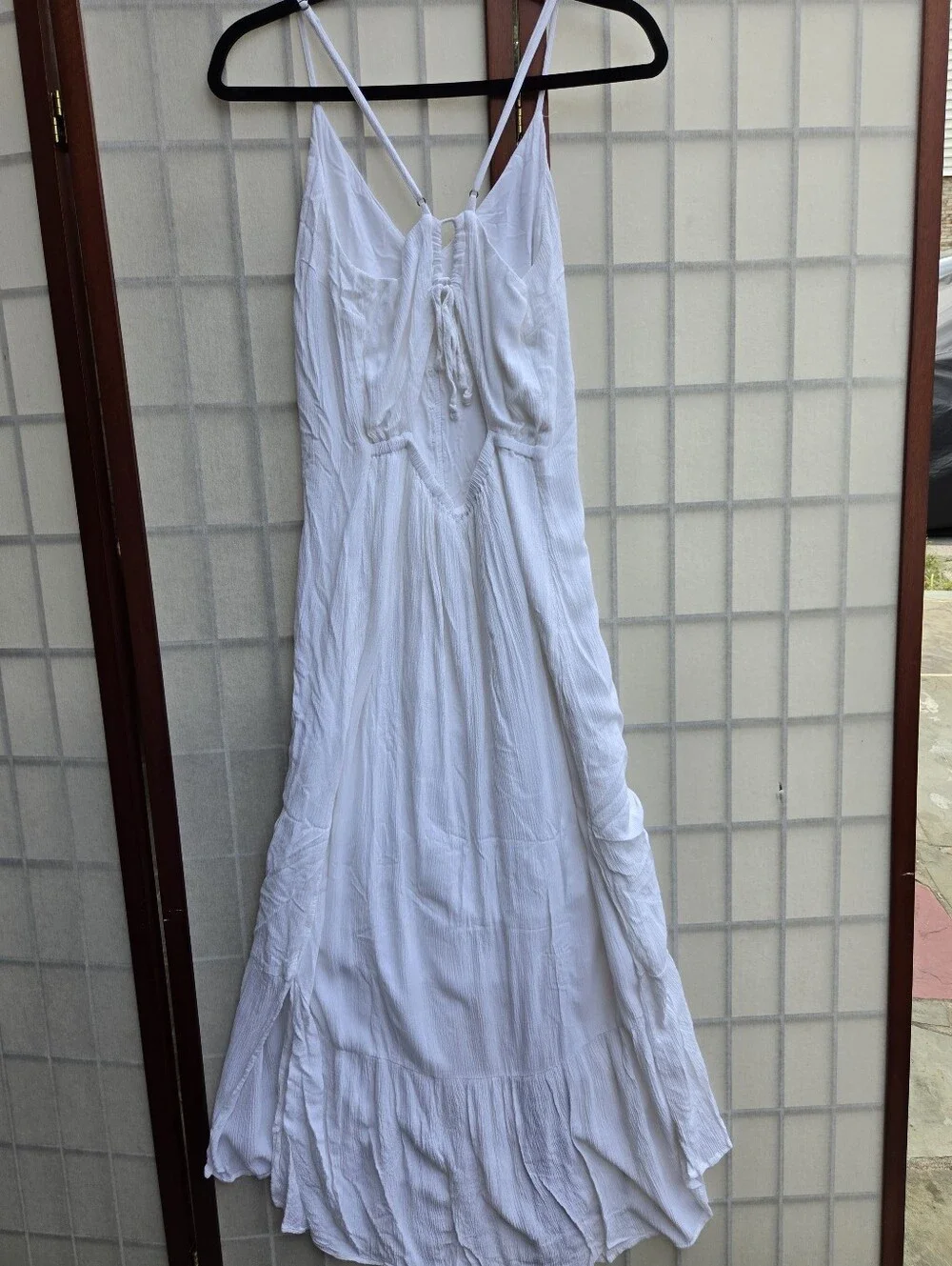 Abercrombie & Fitch White Crinkle Maxi Dress L Cottagecore Boho Coastal High-Low